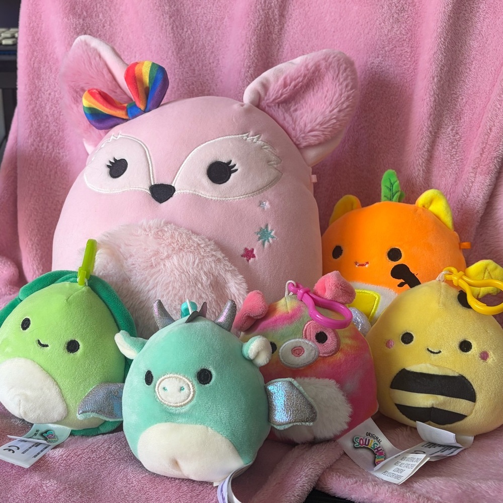 Pink Fox plush squishmallow with Rainbow Bow + Cute Squishmallows Set